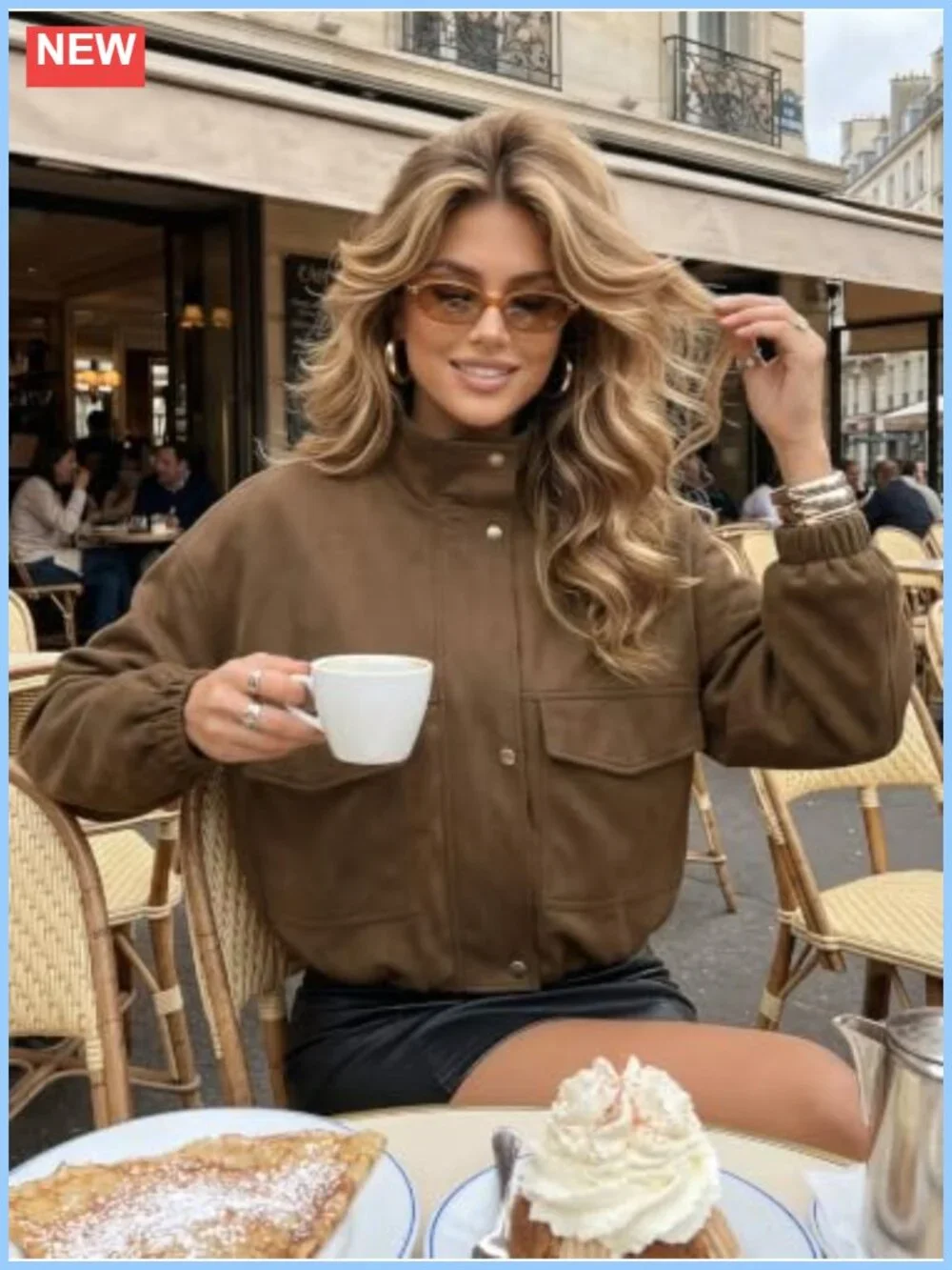 Faux Suede Bomber Jacket Oversized Cropped Long Sleeve Zip Up